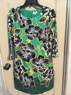 Crown & Ivy Green, Navy & Yellow Floral Long Sleeve Dress, EUC, Size 4